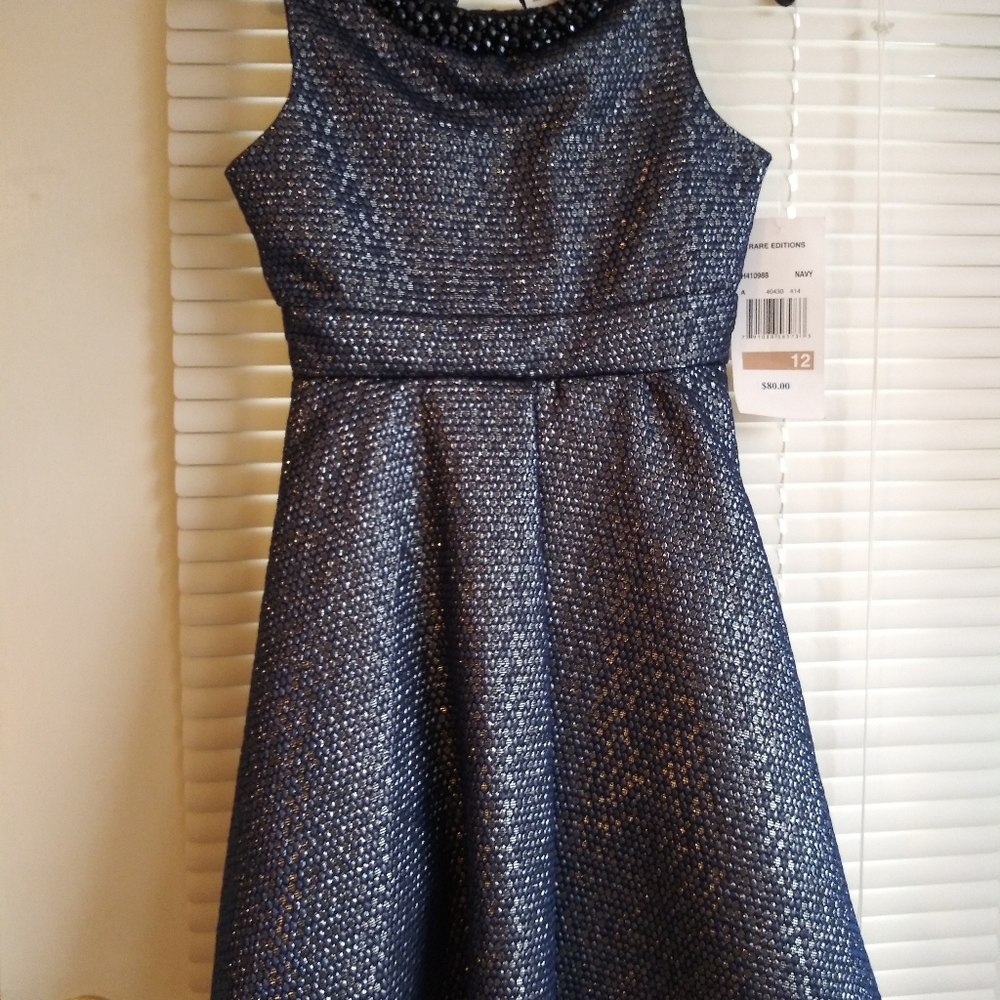 Blue metallic dress. Beading around neckline